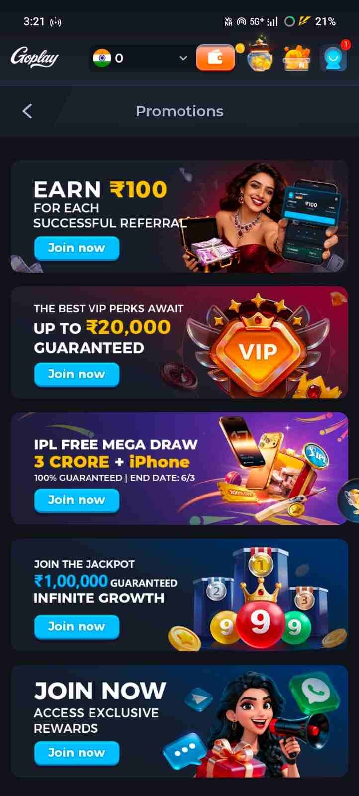 Goplay11 Game real money earning and withdrawal screen